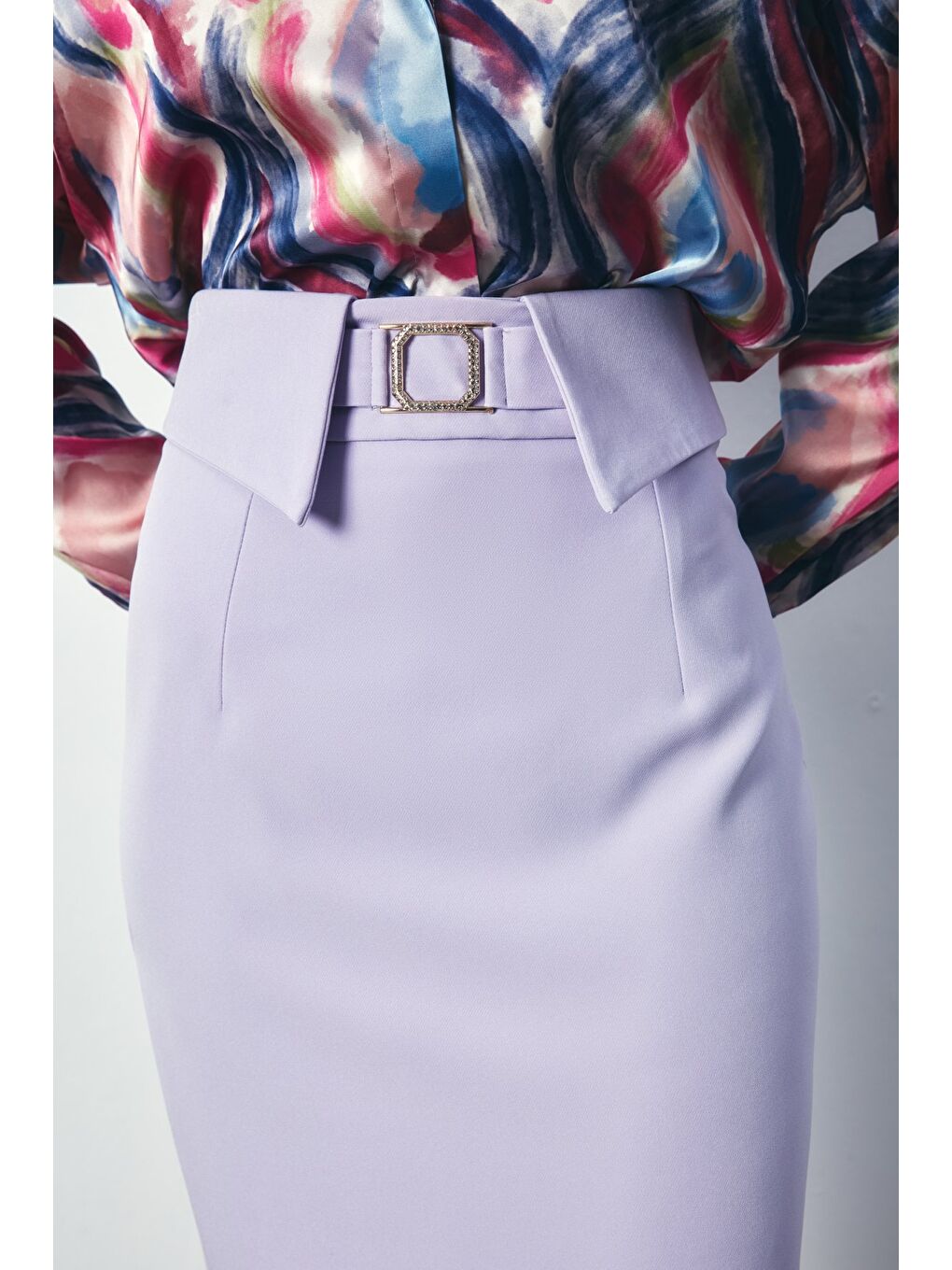 Birleşik Kemerli Midi Etek - Lila-2