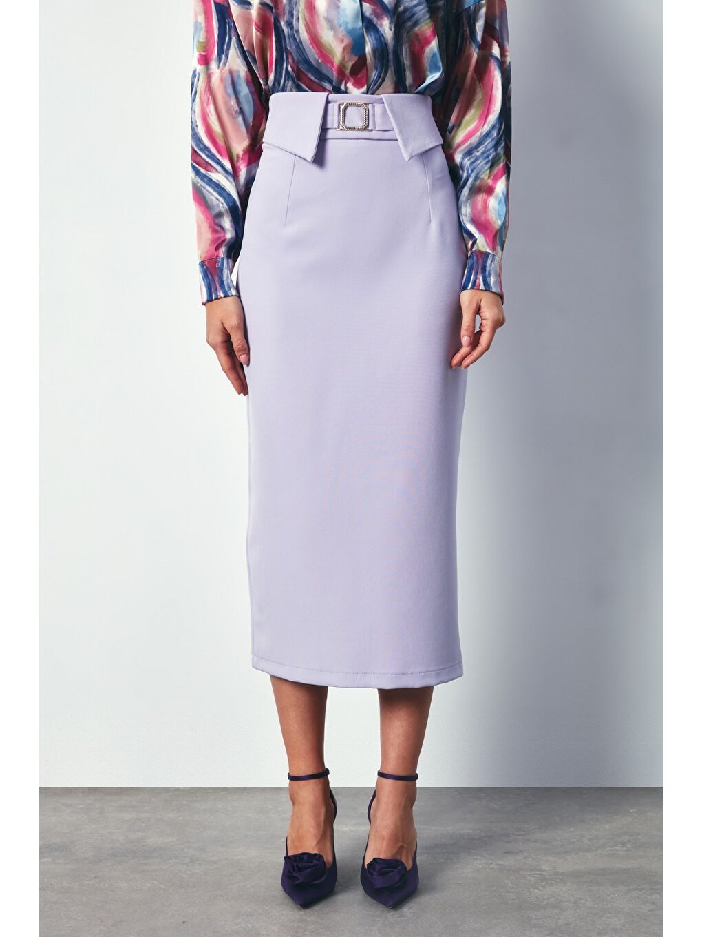 Birleşik Kemerli Midi Etek - Lila-3