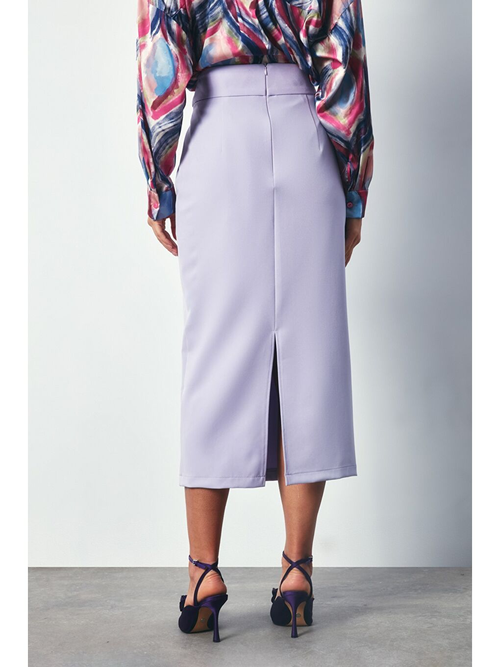 Birleşik Kemerli Midi Etek - Lila-4