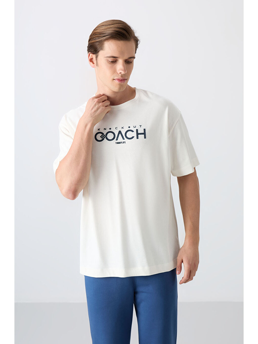 Ekru Pamuklu Kalın Yumuşak Dokulu Oversize Fit Baskılı Erkek Tişört - 88329