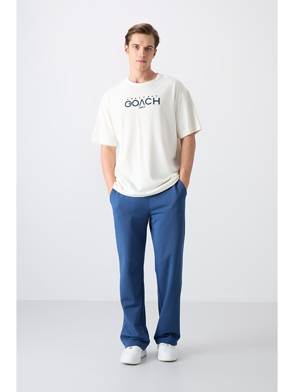 Ekru Pamuklu Kalın Yumuşak Dokulu Oversize Fit Baskılı Erkek Tişört - 88329-1