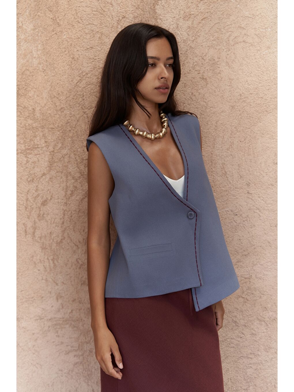 Maysa Nakış Detay İndigo Yelek-1