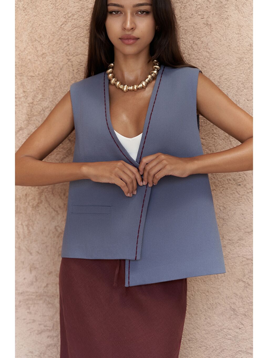 Maysa Nakış Detay İndigo Yelek-2