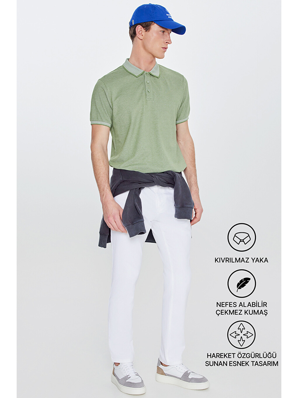 Erkek Yeşil Slim Fit Dar Kesim Kıvrılmaz Polo Yaka Kısa Kollu Tişört-1