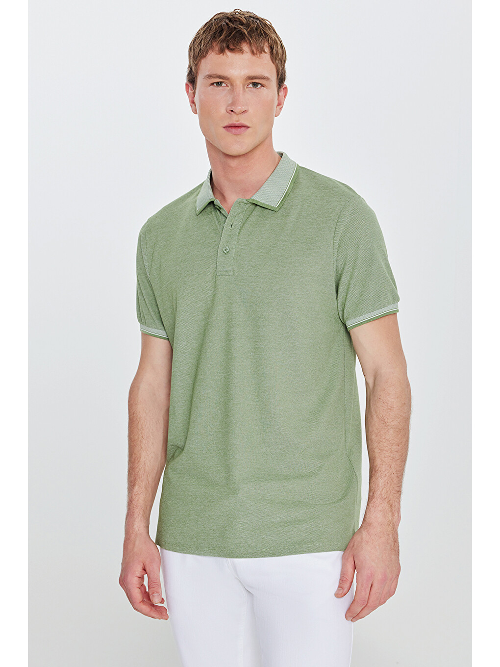 Erkek Yeşil Slim Fit Dar Kesim Kıvrılmaz Polo Yaka Kısa Kollu Tişört-2