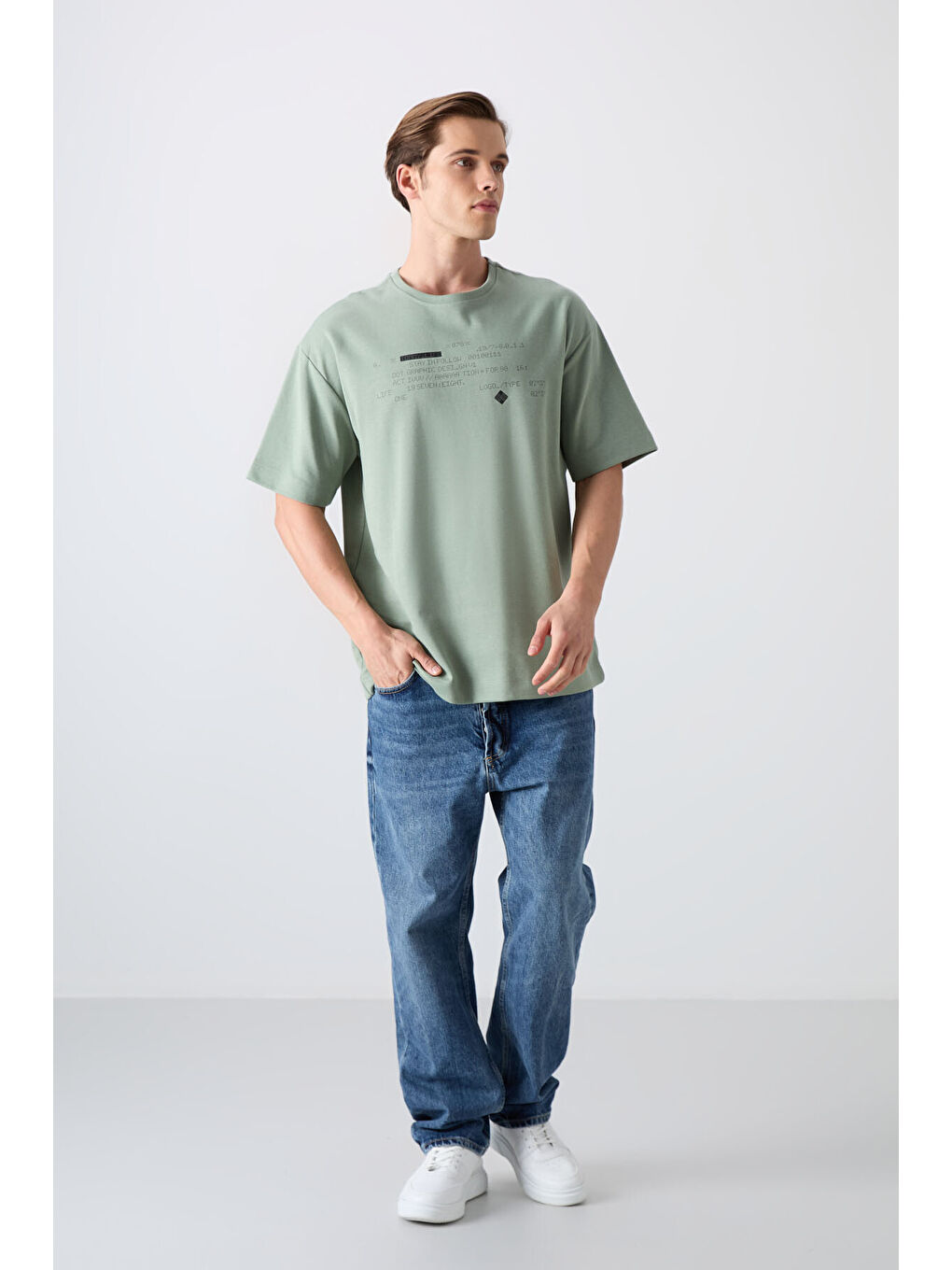 Açık Yeşil Pamuk Kalın Yumuşak Dokulu Oversize Fit Baskılı Erkek Tişört - 88326-1