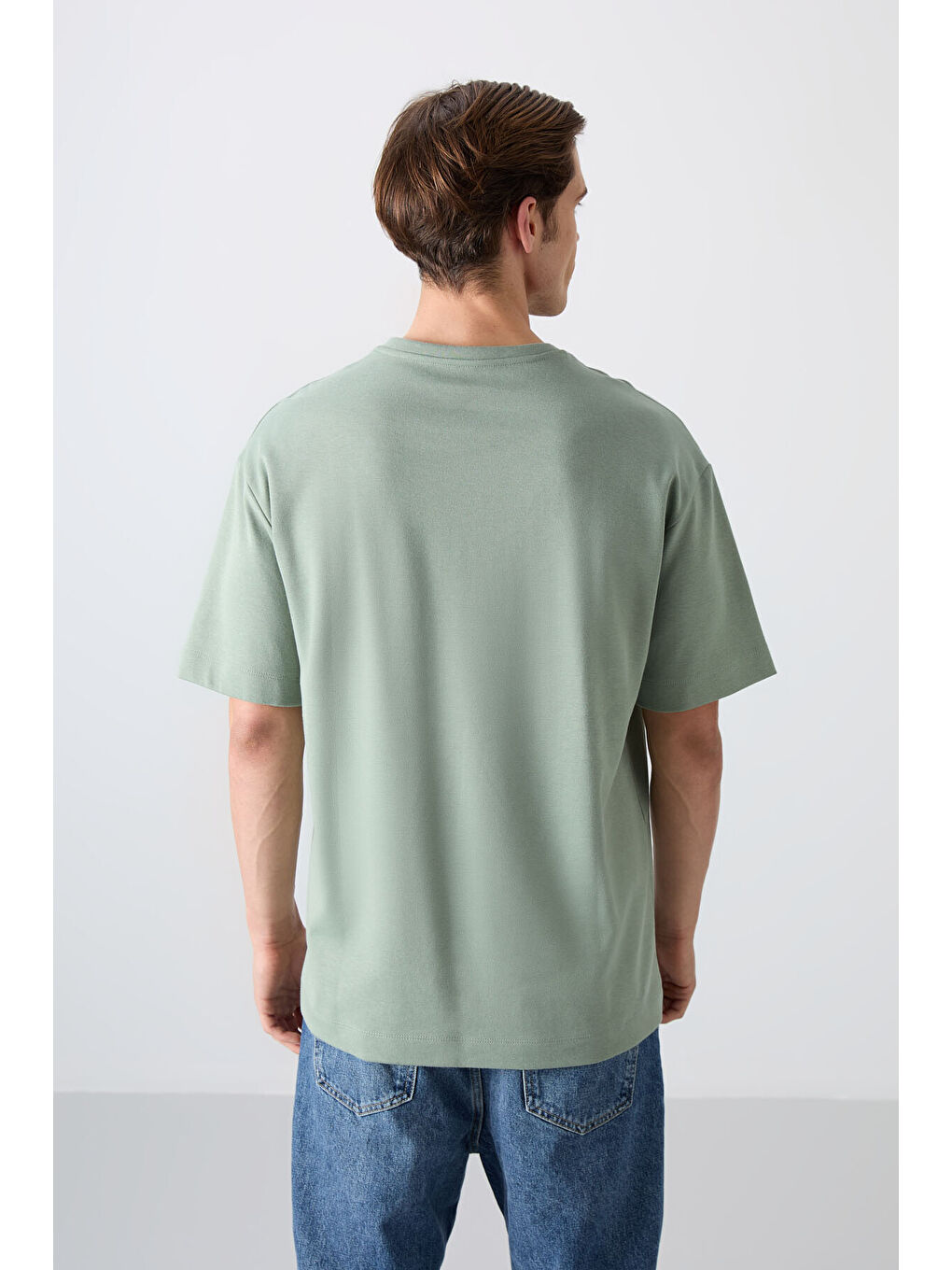 Açık Yeşil Pamuk Kalın Yumuşak Dokulu Oversize Fit Baskılı Erkek Tişört - 88326-4