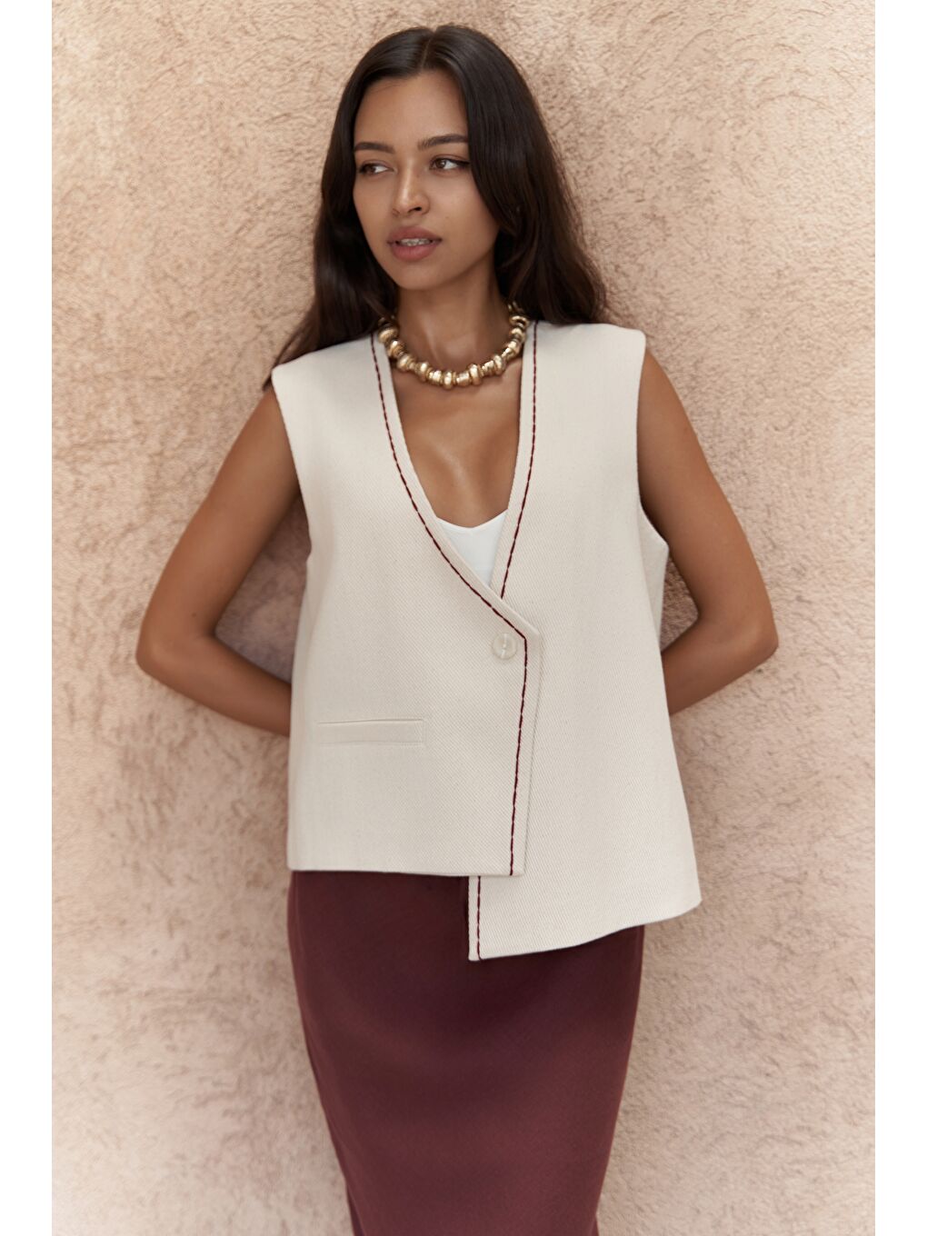 Bej Maysa Nakış Detay Naturel Yelek-2