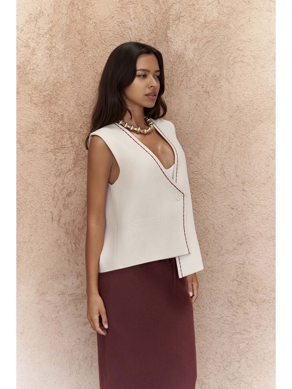 Bej Maysa Nakış Detay Naturel Yelek-1