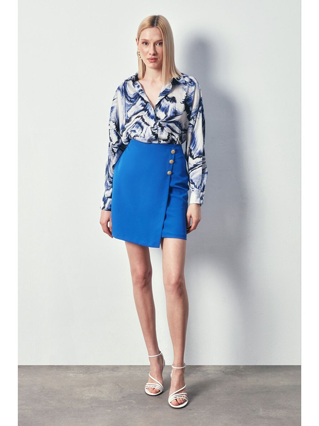 Kruvaze Düğme Detaylı Etek - Sax Mavi