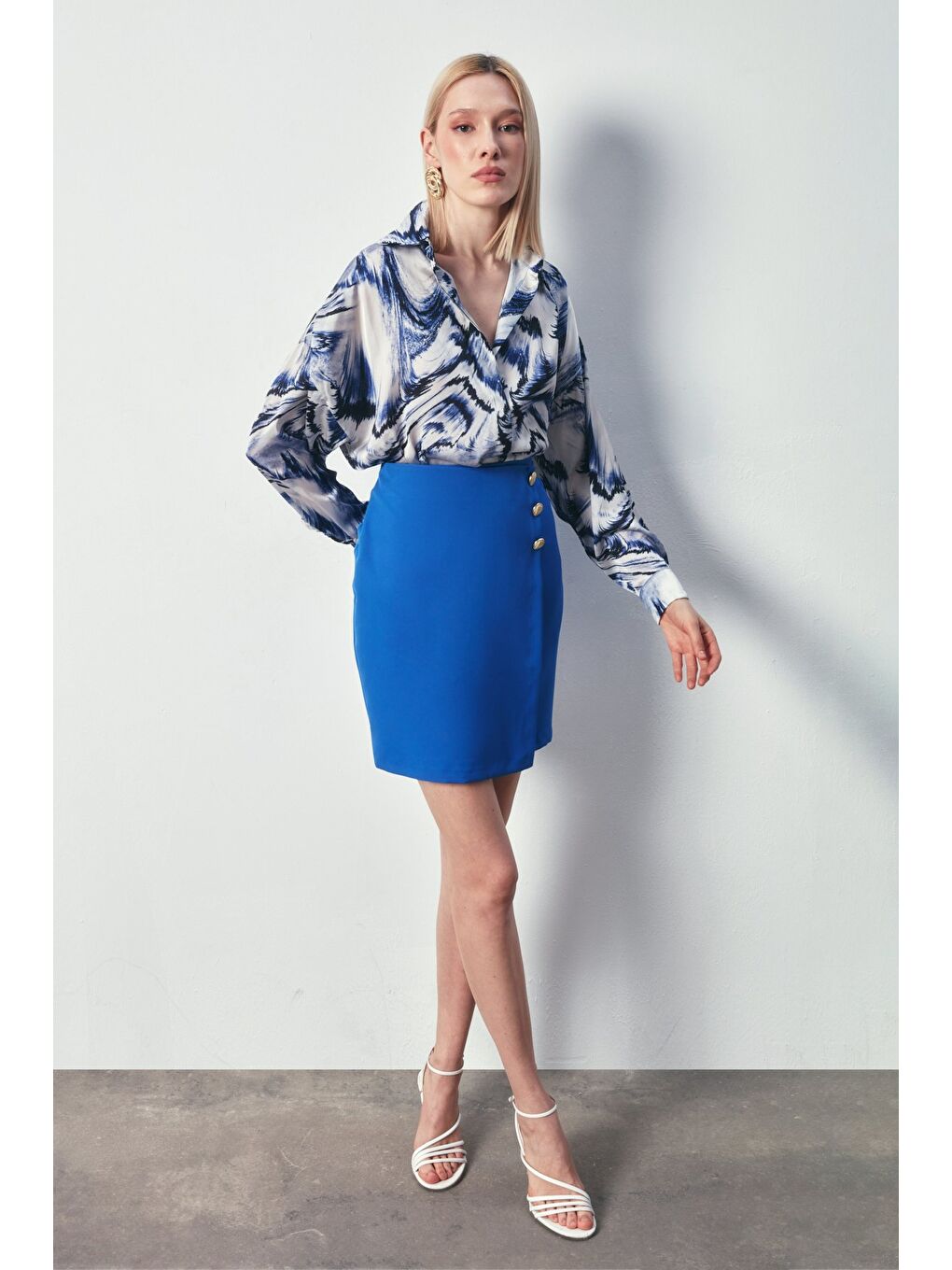 Kruvaze Düğme Detaylı Etek - Sax Mavi-1