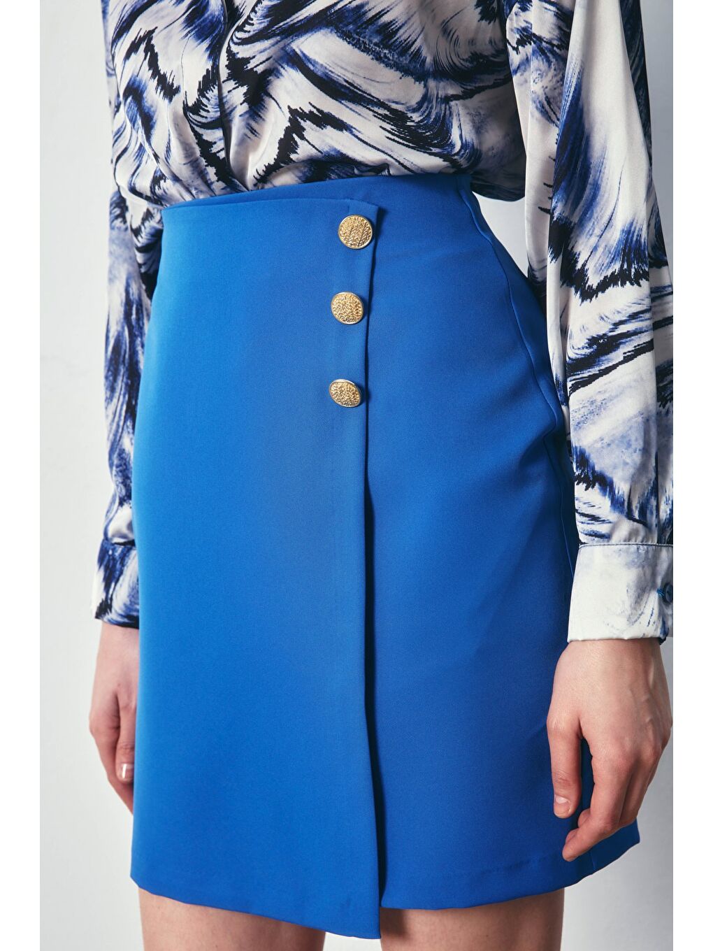 Kruvaze Düğme Detaylı Etek - Sax Mavi-2