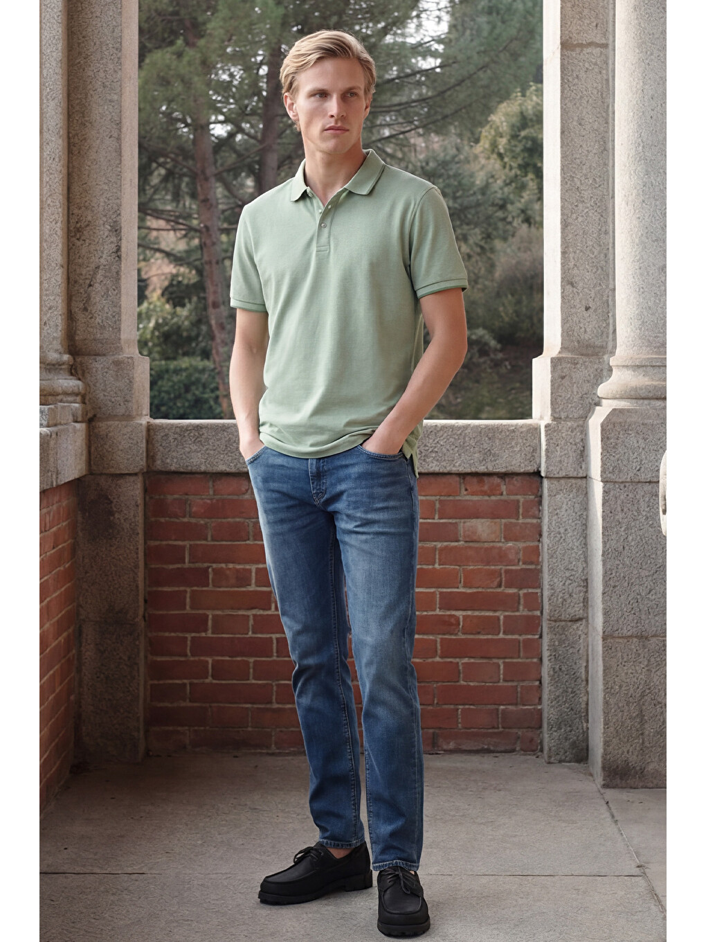 Erkek Yeşil Slim Fit Dar Kesim Kıvrılmaz Polo Yaka Kısa Kollu Tişört-5