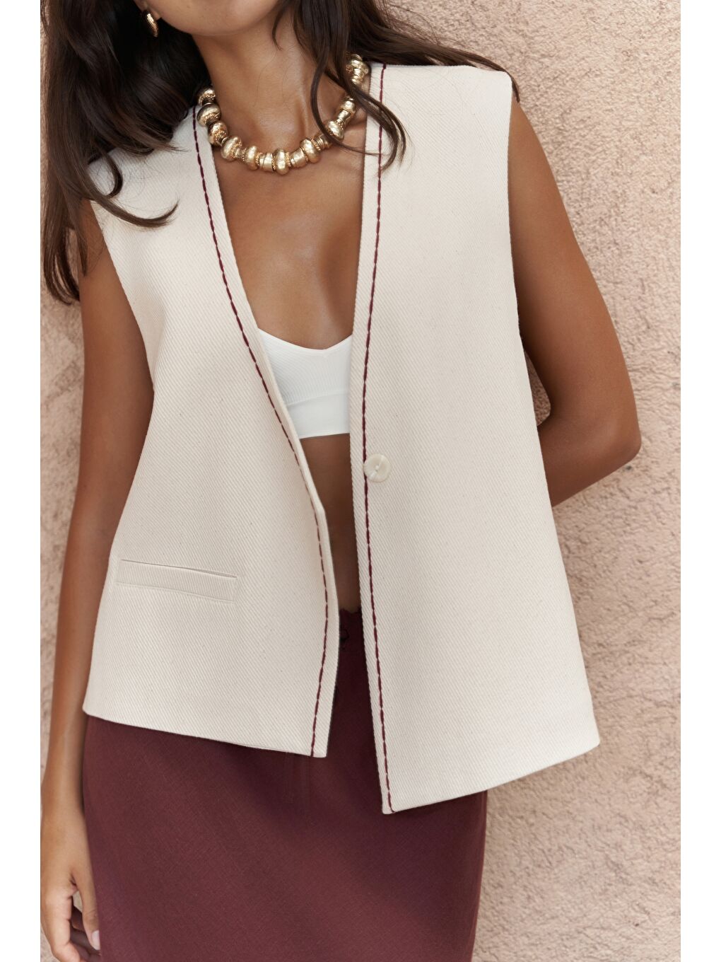 Bej Maysa Nakış Detay Naturel Yelek-4