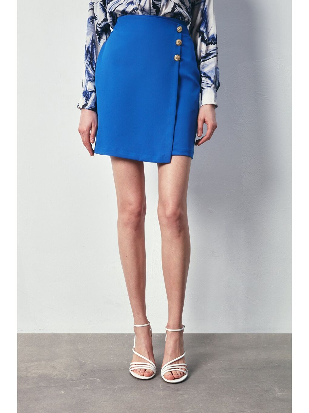 Kruvaze Düğme Detaylı Etek - Sax Mavi-3