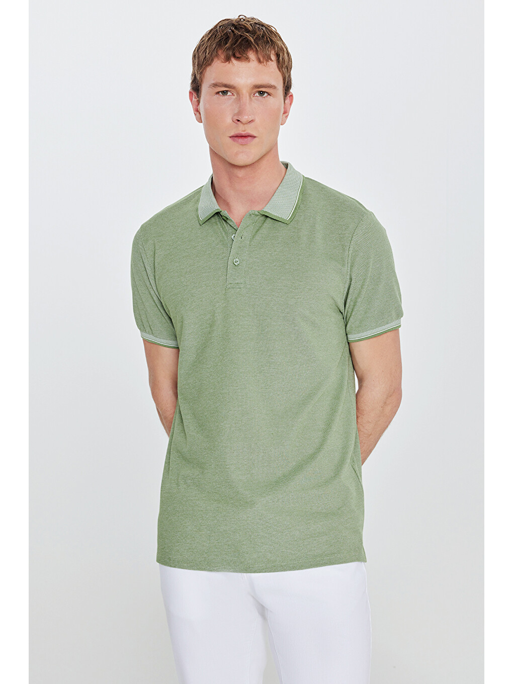 Erkek Yeşil Slim Fit Dar Kesim Kıvrılmaz Polo Yaka Kısa Kollu Tişört-6