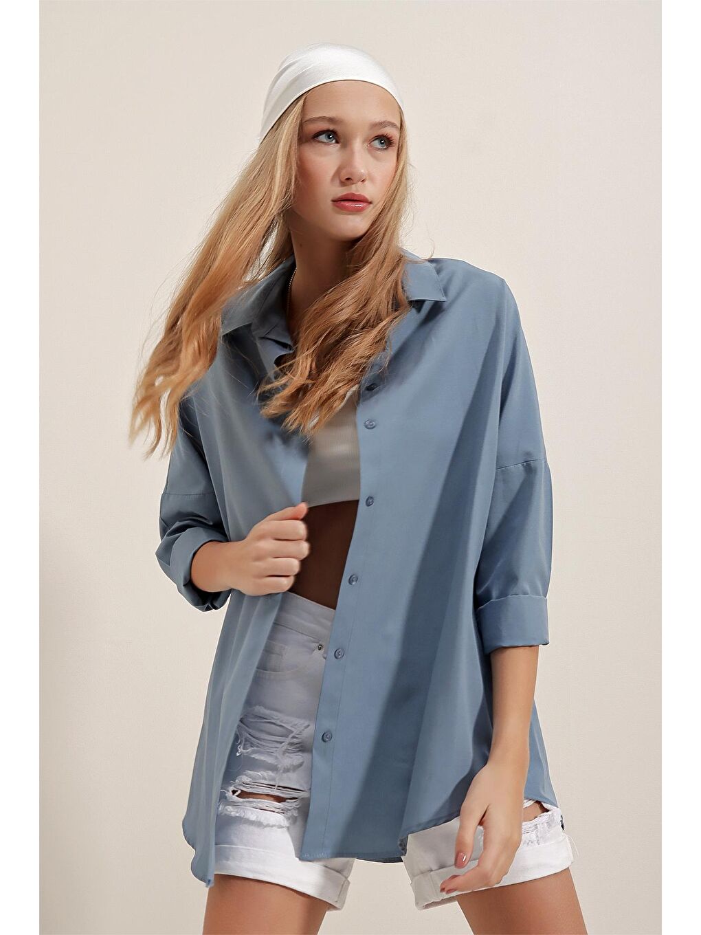 3900 Oversize Uzun Basic Gömlek - İndigo-1