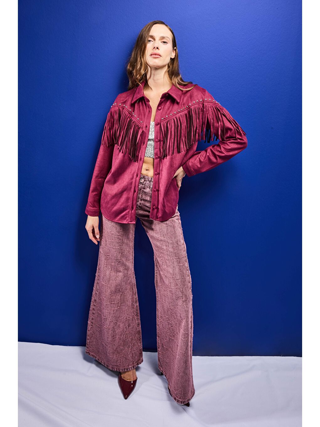 Kadın Bordo Süet Kumaş Püskül ve Drop Detaylı Tasarım Gömlek Ceket-2