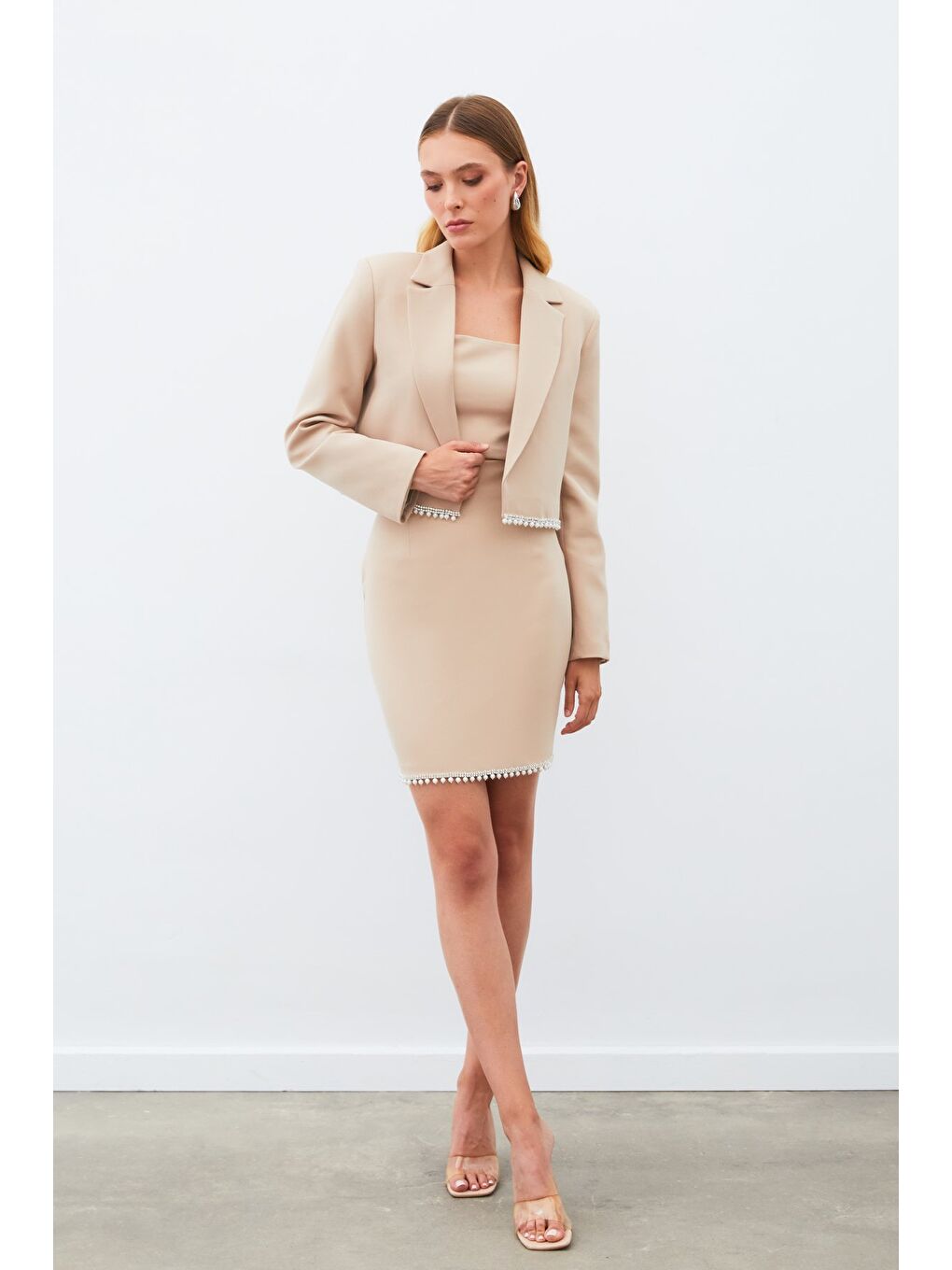Aksesuarlı Kısa Etek - Bej-3