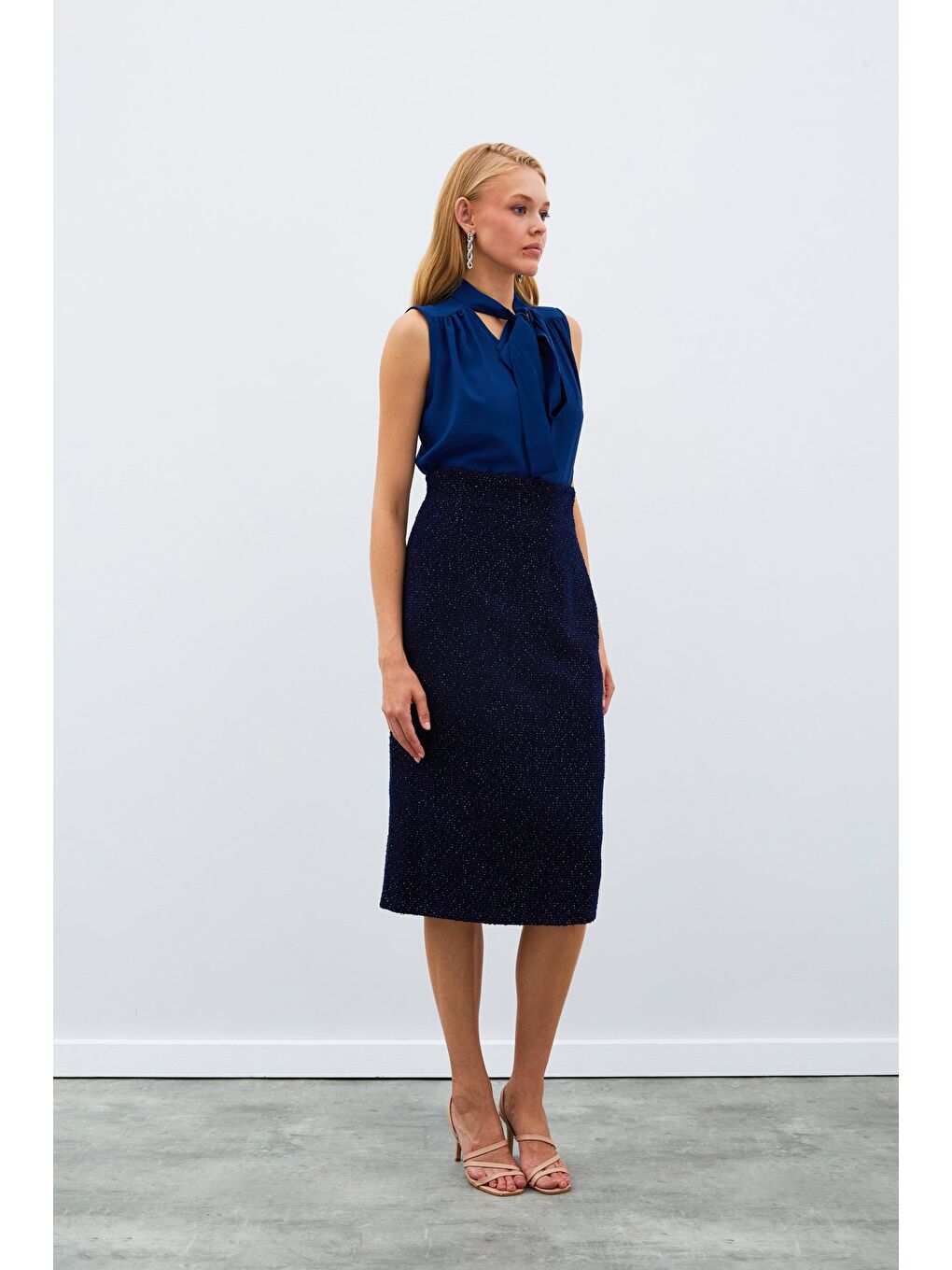 Midi Boy Tüvit Etek - Lacivert-5