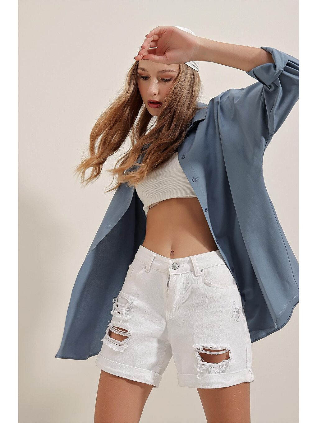 3900 Oversize Uzun Basic Gömlek - İndigo-5