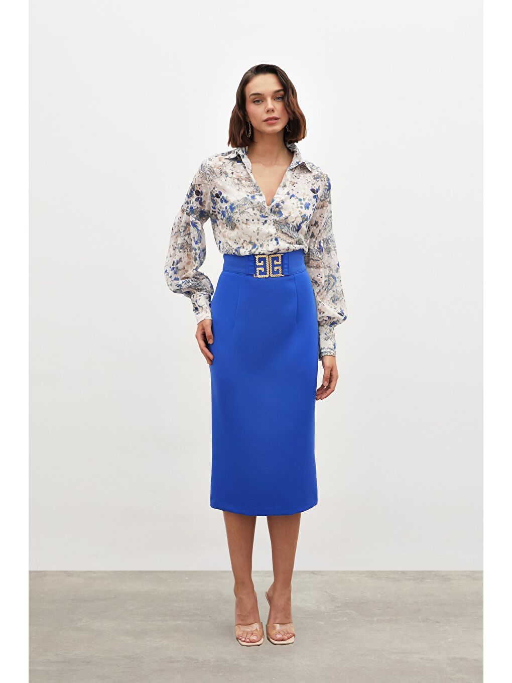 Aksesuar Detaylı Kalem Etek - Mavi-2