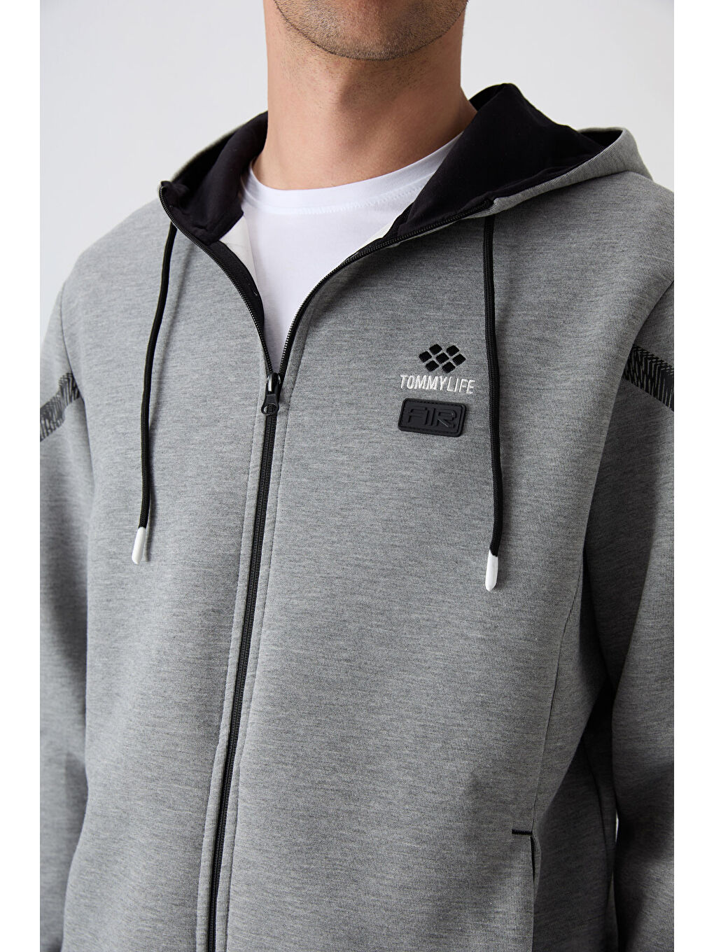 Gri Melanj Pamuklu Kalın Yumuşak Dokulu Comfort Fit Baskılı Erkek Eşofman Takım - 85236-3