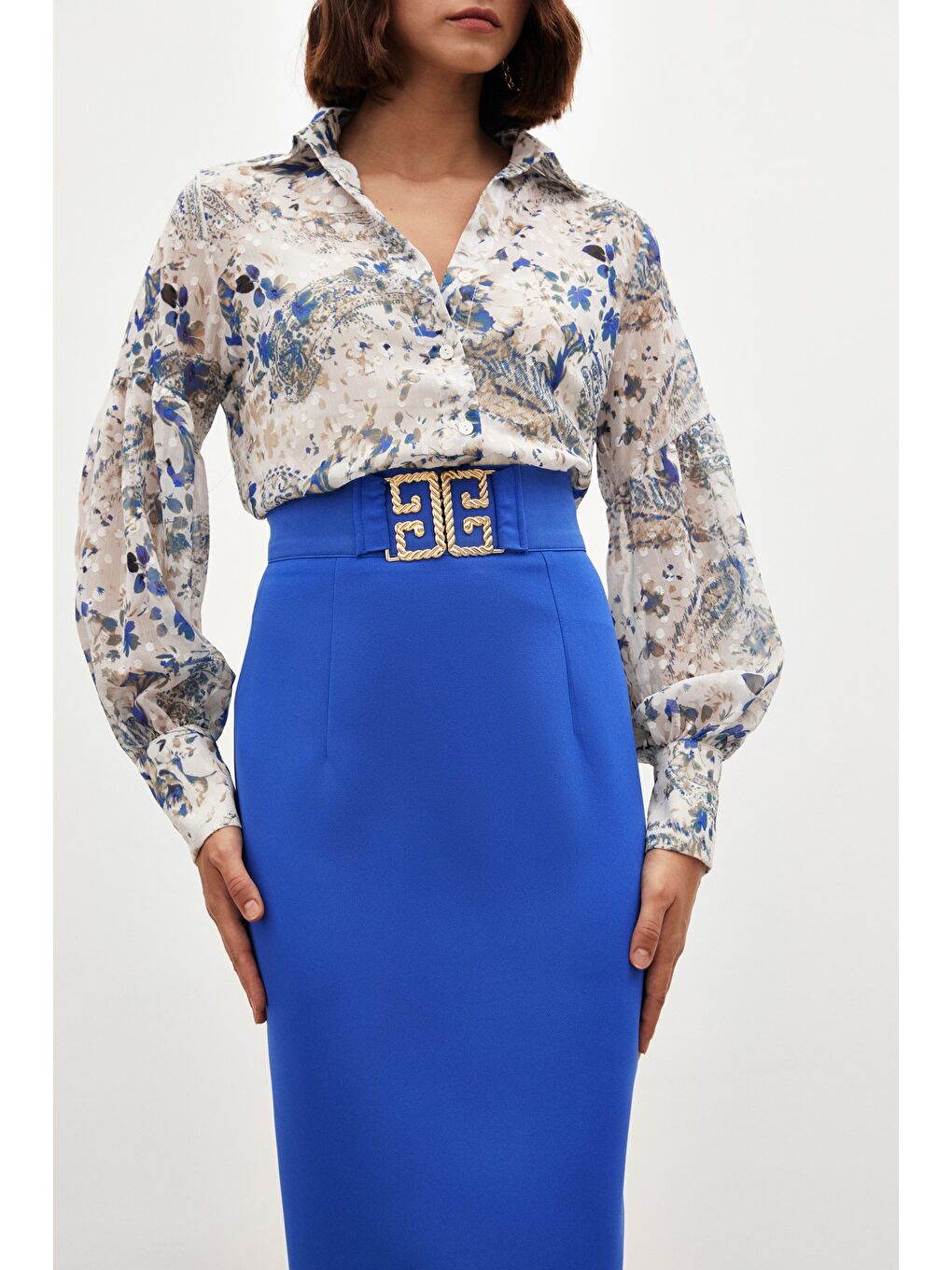 Aksesuar Detaylı Kalem Etek - Mavi-4