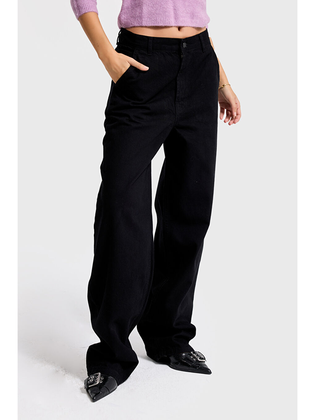 Kadın Siyah Black Od Renk Juniper Skater Fit Bol Kesim Denim Pantolon