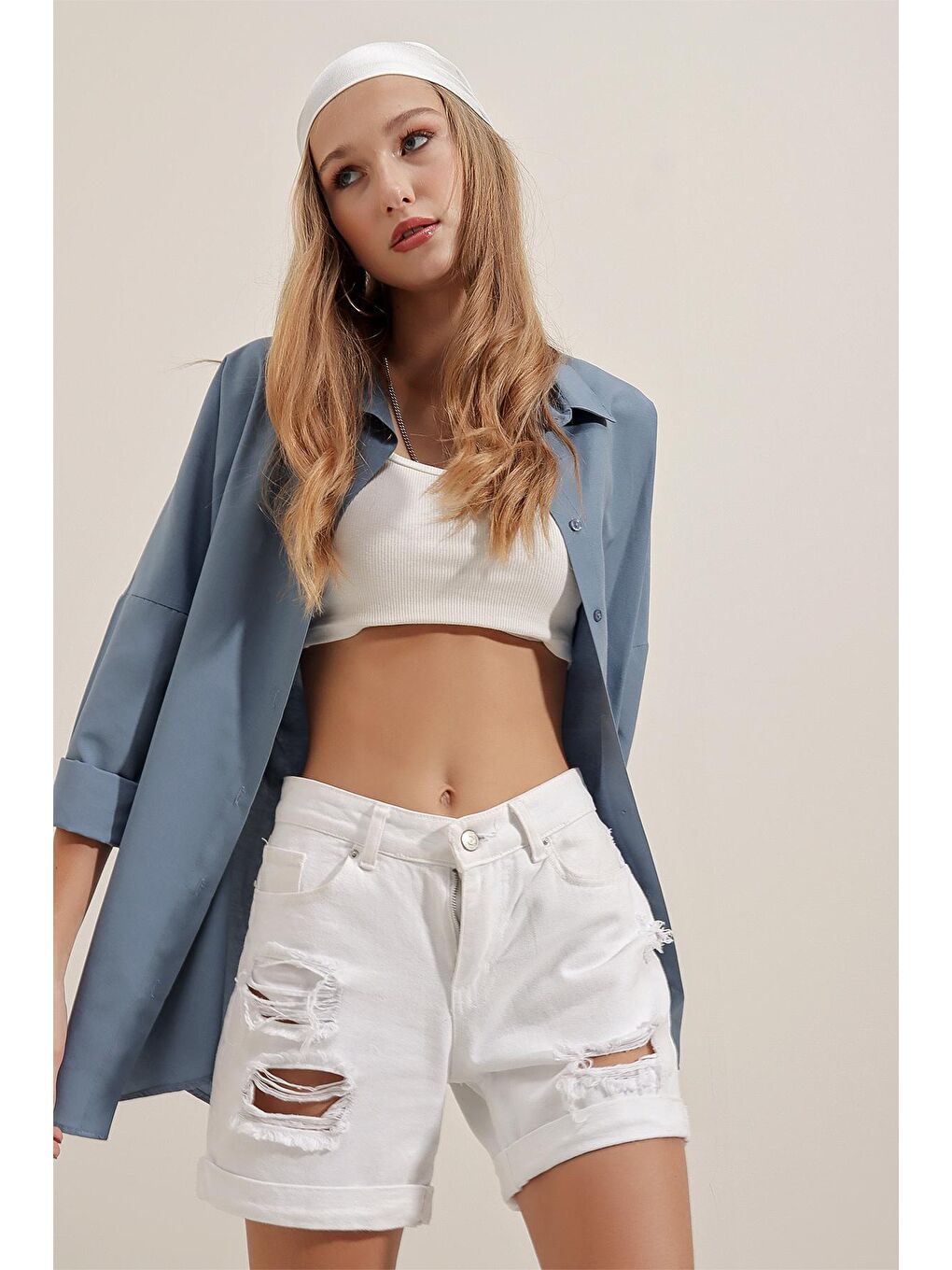 3900 Oversize Uzun Basic Gömlek - İndigo-6