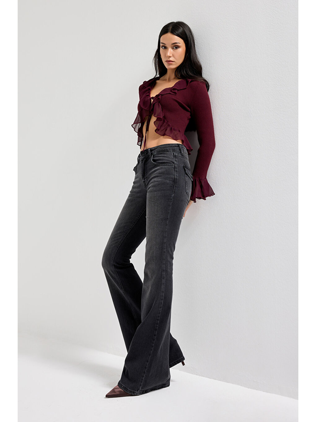 Gri Kadın Koyu Füme Renk 2w5-1 SLN05 Midrise Flare Fit Esnek Kumaş İç Boy 83cm Denim Jean-1