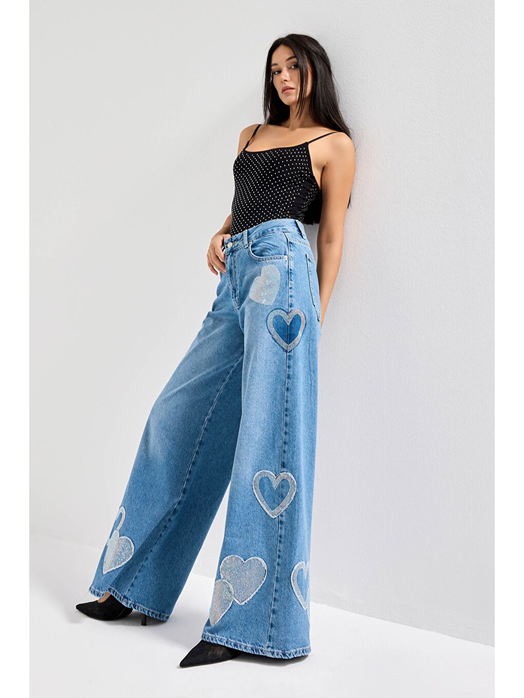 Mavi Kadın Jean Rengi 2S54 Parlak Taşlı Kalp Detaylı Bol Kesim Tasarım Denim