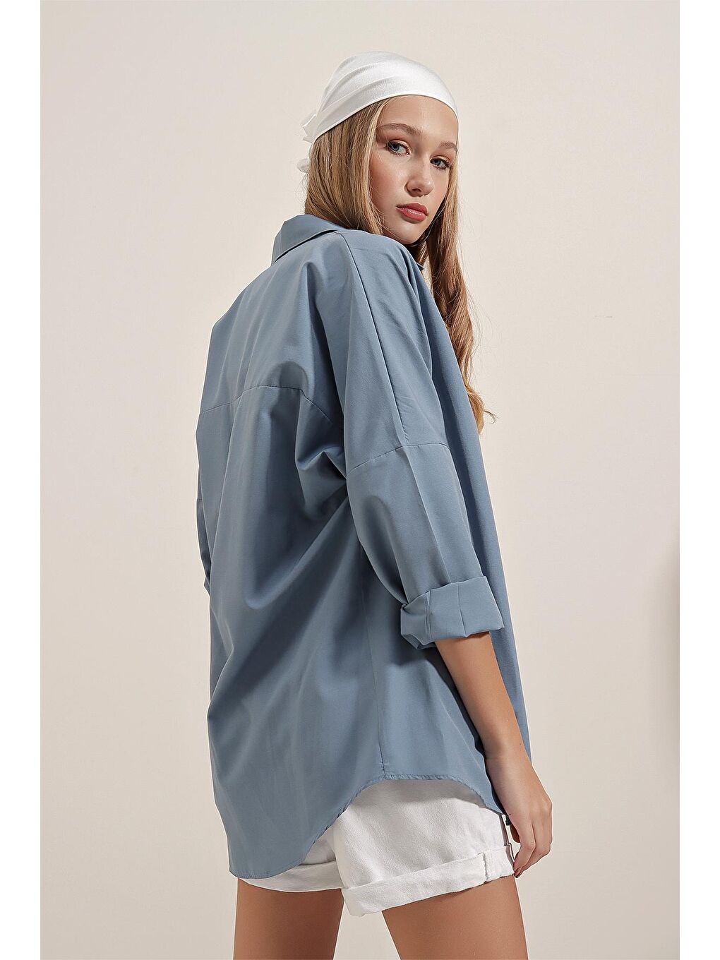 3900 Oversize Uzun Basic Gömlek - İndigo-7