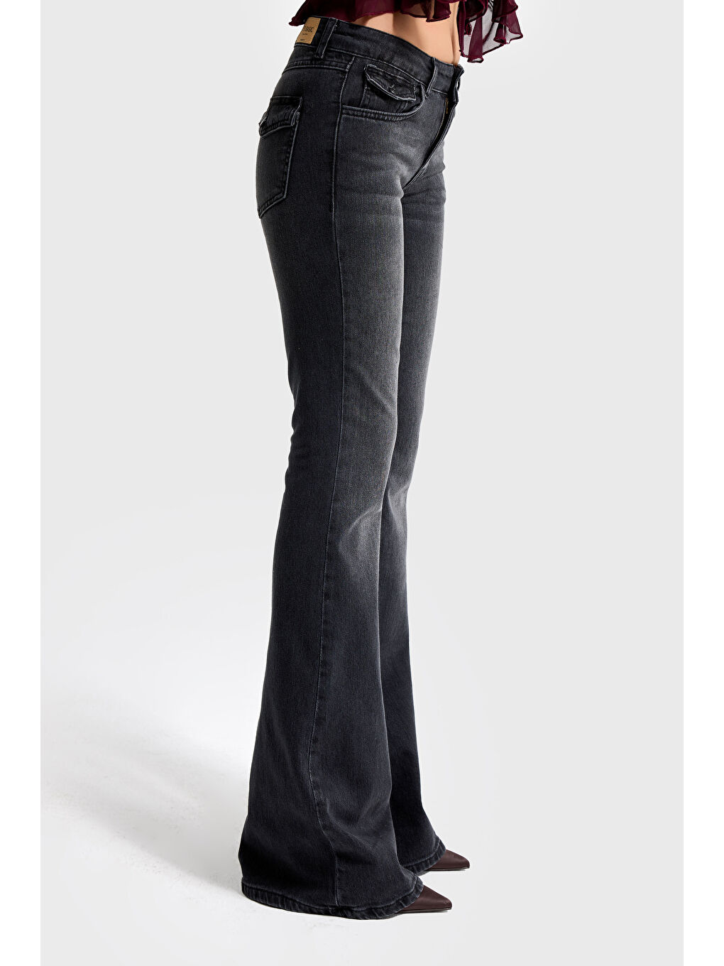 Gri Kadın Koyu Füme Renk 2w5-1 SLN05 Midrise Flare Fit Esnek Kumaş İç Boy 83cm Denim Jean-3