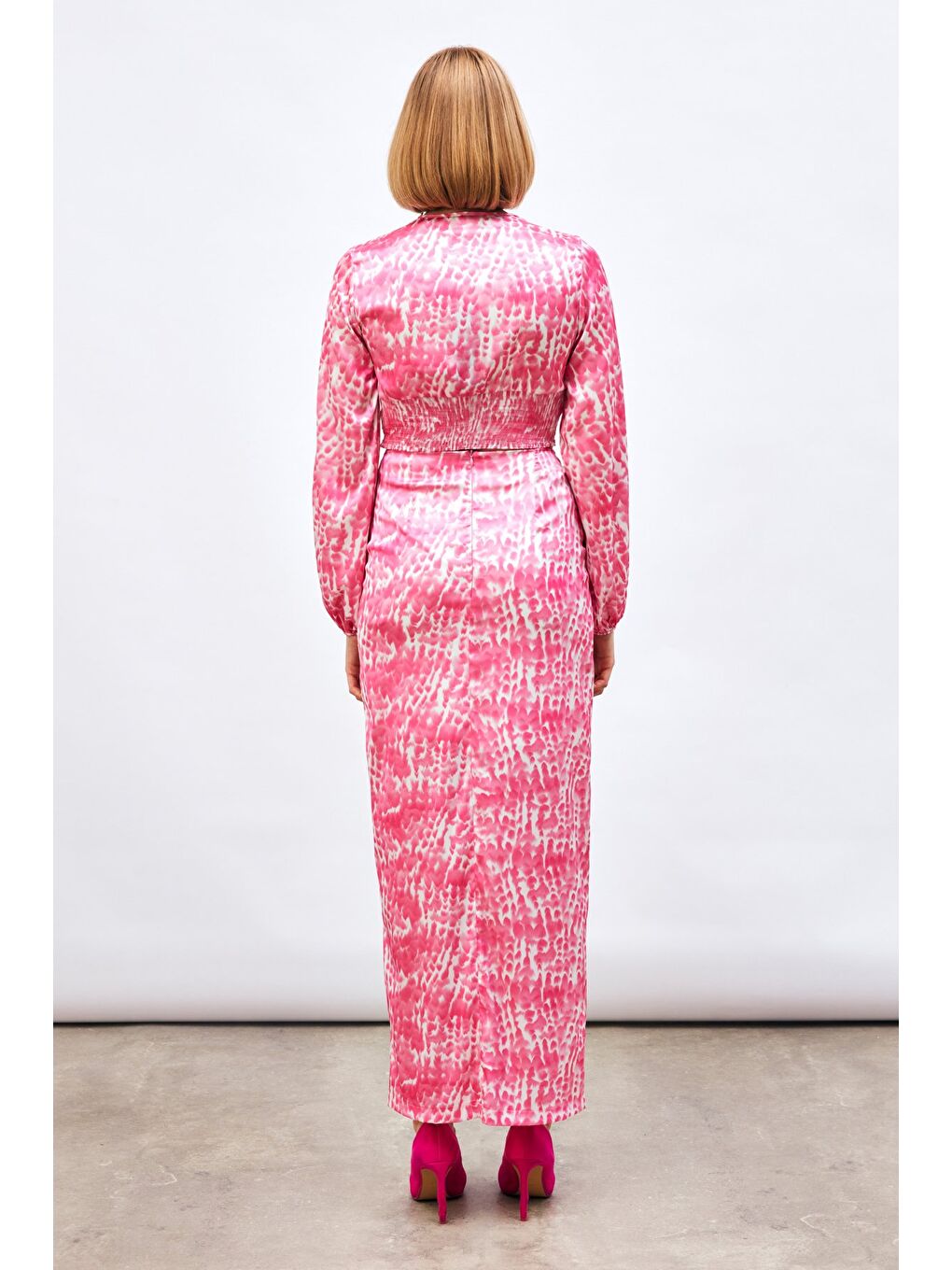 Yırtmaç Detaylı Desenli Uzun Etek - Pembe-7