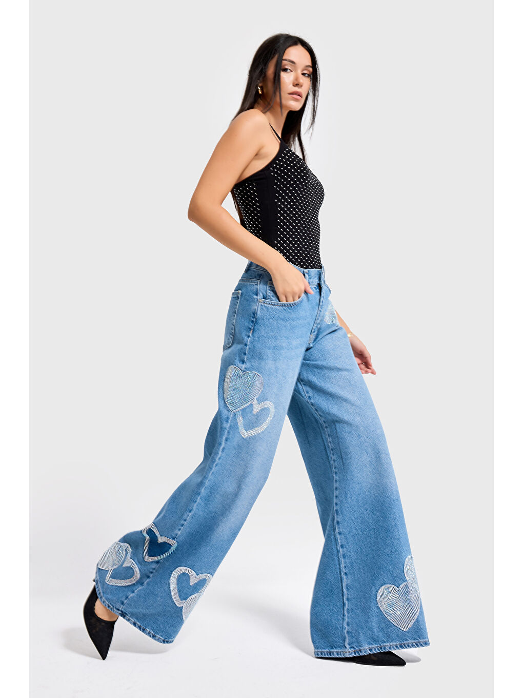Mavi Kadın Jean Rengi 2S54 Parlak Taşlı Kalp Detaylı Bol Kesim Tasarım Denim-2