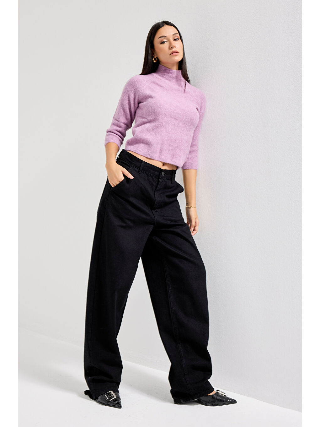 Kadın Siyah Black Od Renk Juniper Skater Fit Bol Kesim Denim Pantolon-4