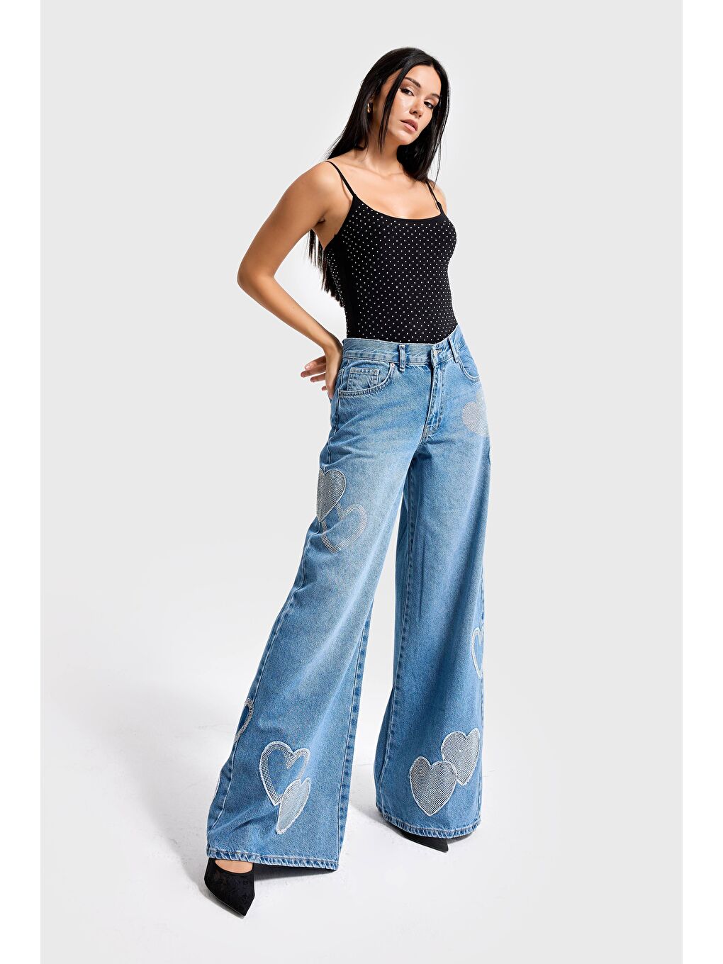 Mavi Kadın Jean Rengi 2S54 Parlak Taşlı Kalp Detaylı Bol Kesim Tasarım Denim-3
