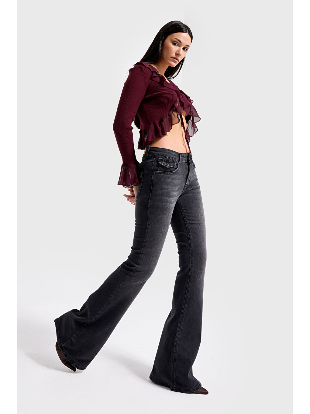 Gri Kadın Koyu Füme Renk 2w5-1 SLN05 Midrise Flare Fit Esnek Kumaş İç Boy 83cm Denim Jean-4