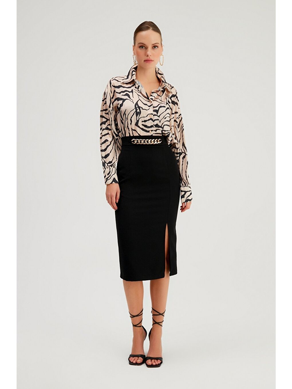 Zincir Detaylı Kalem Etek - Siyah-3