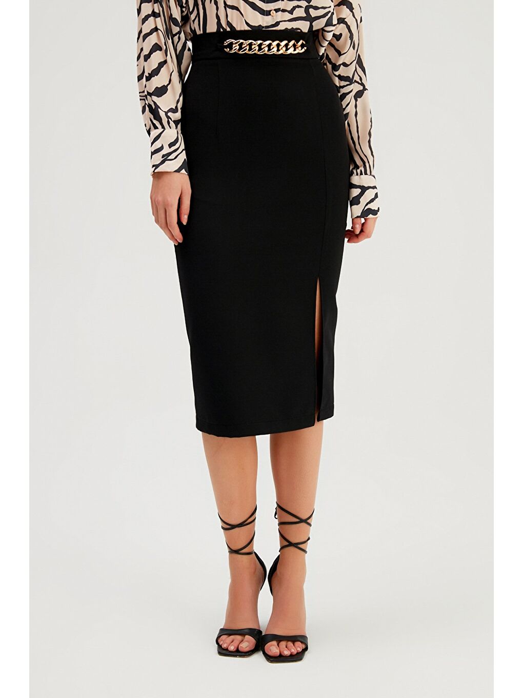 Zincir Detaylı Kalem Etek - Siyah-4