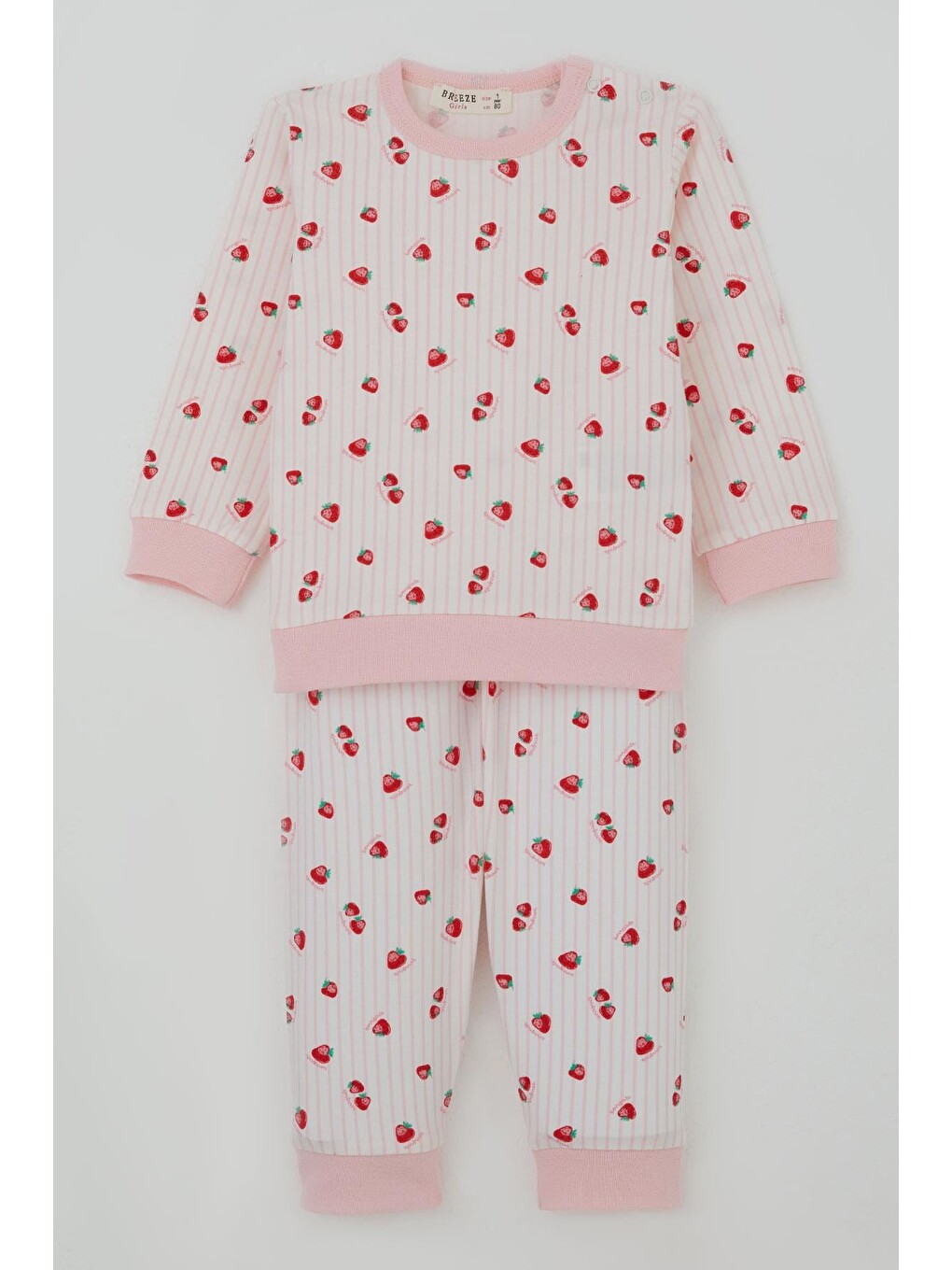 Kız Bebek Pijama Takımı Omuzdan Patlı Çilek Desenli Ekru (4 Ay-1 Yaş)