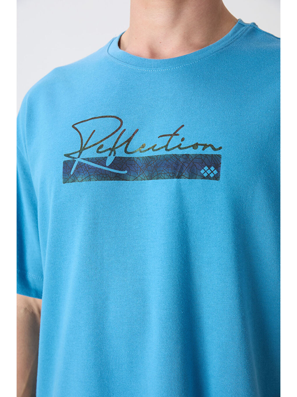 Petrol Mavi Pamuklu Kalın Yumuşak Dokulu Oversize Fit Baskılı Erkek Tişört - 88334-2