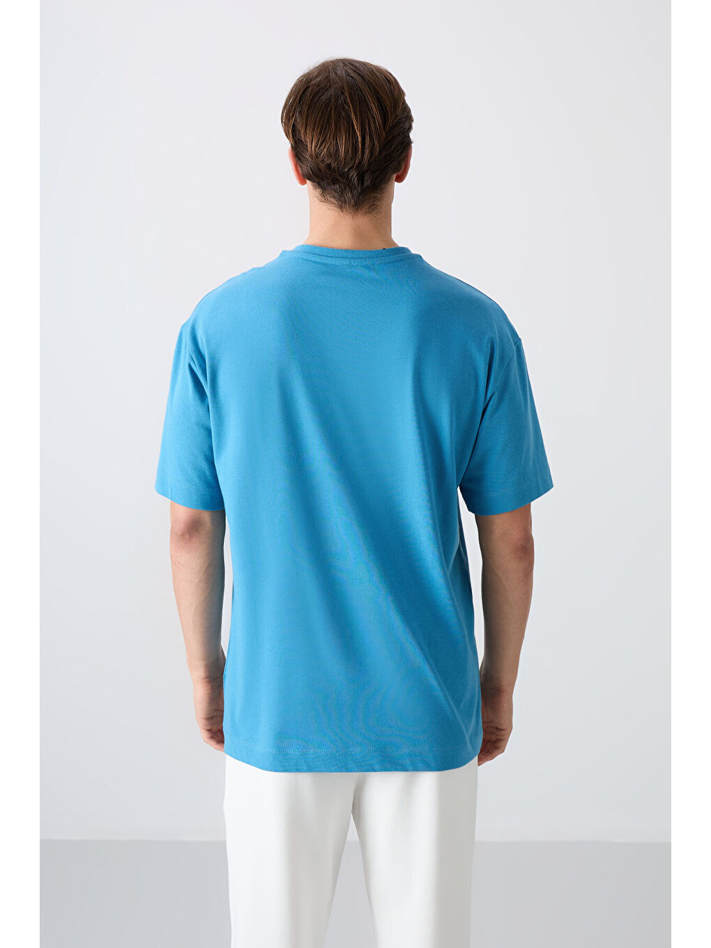 Petrol Mavi Pamuklu Kalın Yumuşak Dokulu Oversize Fit Baskılı Erkek Tişört - 88334-4