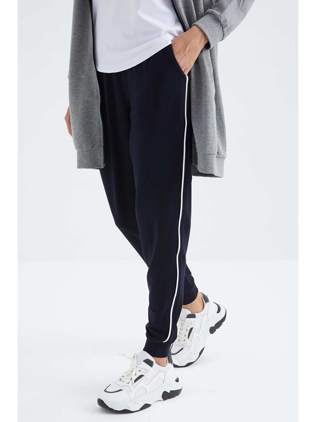 Gri Melanj - Lacivert  Dik Yaka Fermuar Cepli  Kadın Eşofman Tunik Takım - 95317-1