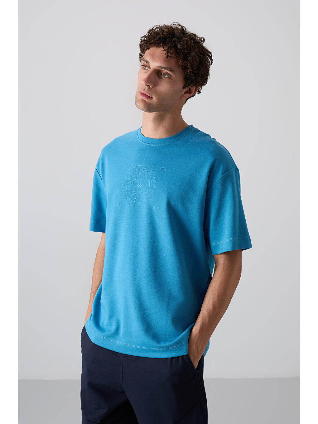 Petrol Mavi Pamuklu Kalın Yumuşak Dokulu Oversize Fit Baskılı Erkek Tişört - 88324-2