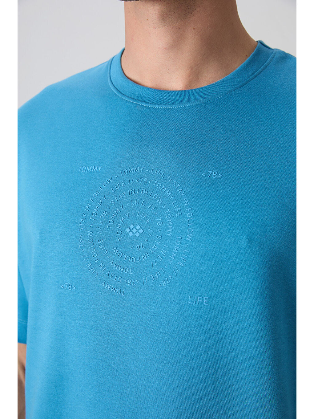 Petrol Mavi Pamuklu Kalın Yumuşak Dokulu Oversize Fit Baskılı Erkek Tişört - 88324-3