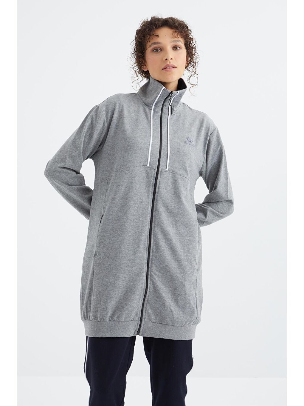 Gri Melanj - Lacivert  Dik Yaka Fermuar Cepli  Kadın Eşofman Tunik Takım - 95317-3