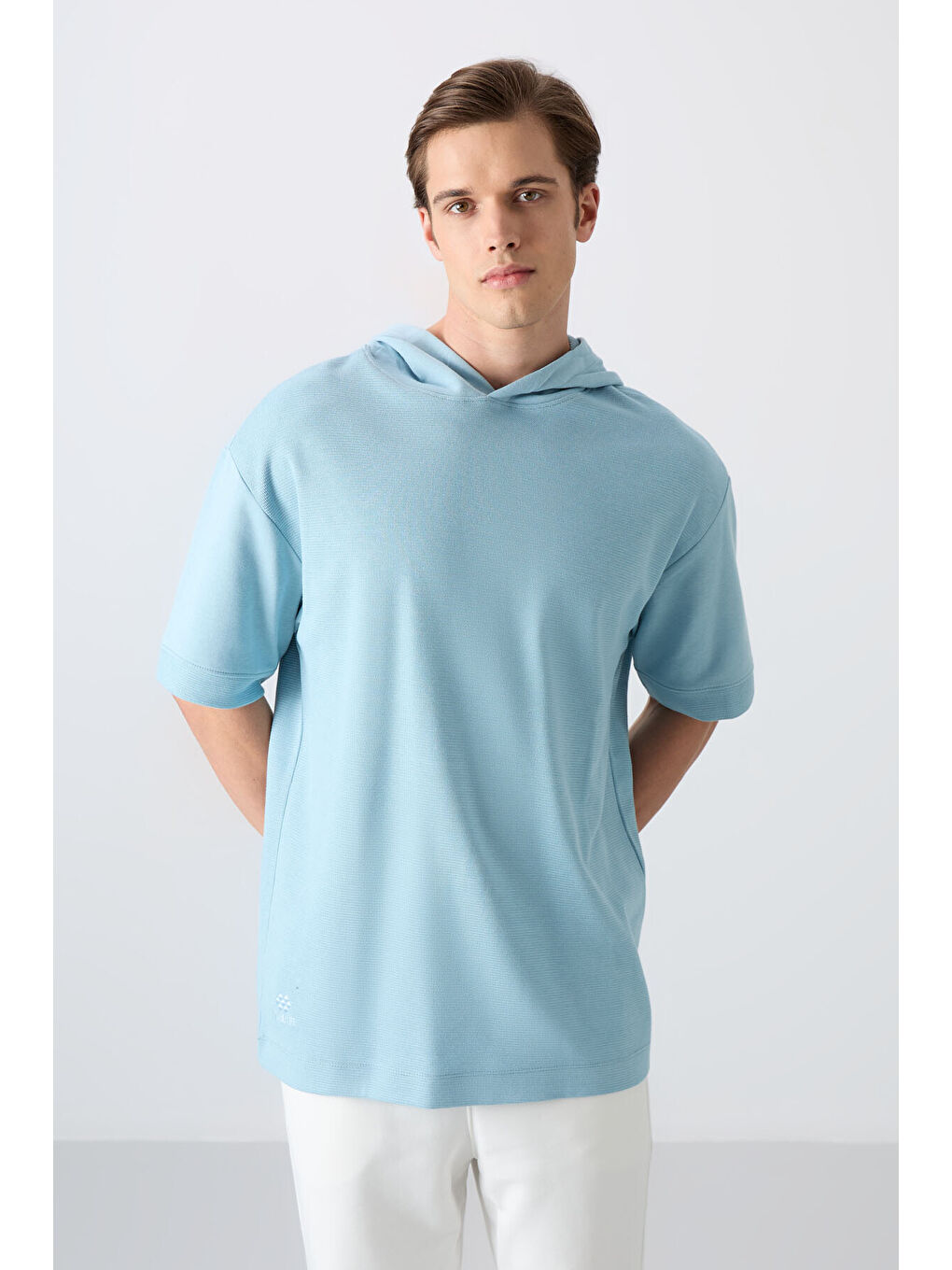 Açık Mavi Pamuklu Kalın Yüzeyi Dokulu Oversize Fit Basic Erkek Tişört - 88335