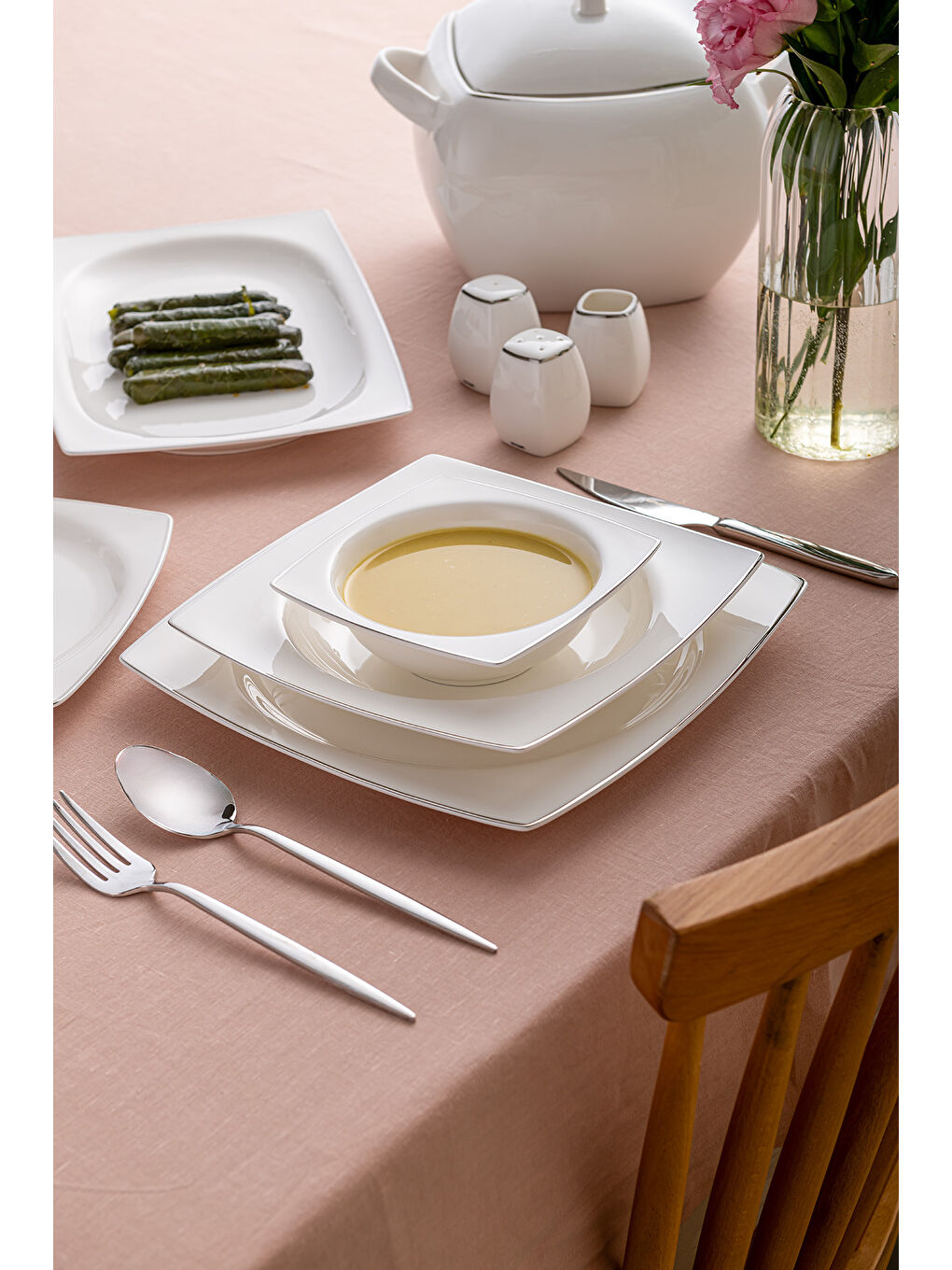 Beyaz Yeni Karmen 60 Parça 12 Kişilik Yemek Takımı Kare Platin-2